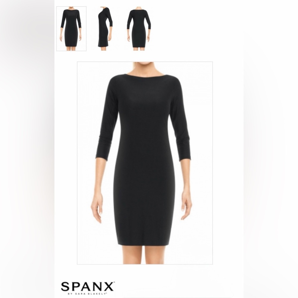 SPANX Black Boatneck Sheath Dress with Three-Quarter Sleeves